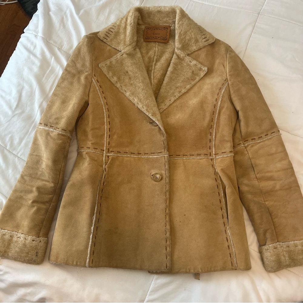Vintage Y2K Guess Genuine Leather Penny Lane Shearling 70s Style Coat Camel M - Picture 13 of 13